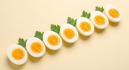 Halved hard-boiled eggs with fresh parsley on a light yellow background, top view