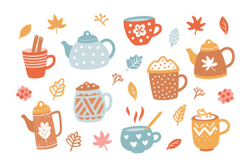 Cozy Autumn Drinks and Teapots: Charming cartoon illustration, featuring warm autumn beverages, from coffee to tea, and stylish teapots. Whimsical.