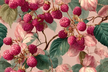 Naklejka premium Elegant raspberry vine pattern with intricate leaves and berries watercolor texture soft pinks and greens romantic botanical design seamless pattern background