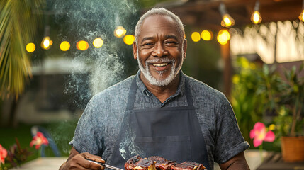 Smiling African American man grilling steaks at an outdoor barbecue party