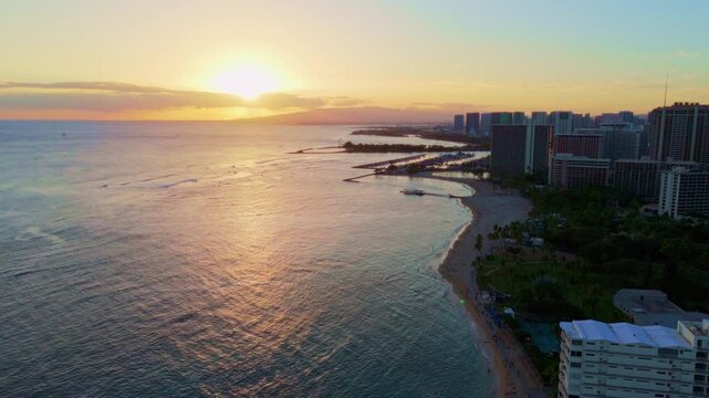Aerial sunset view of Waikiki Beach and Skyline, Oahu, Hawaii