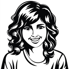 Black and white portrait reveals a smiling woman with curly hair and soft features