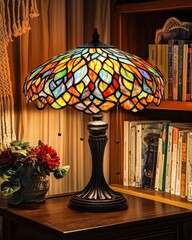 A colorful lamp with a leafy shade sits on a table next to a vase of flowers. The room is filled with books, creating a cozy and inviting atmosphere