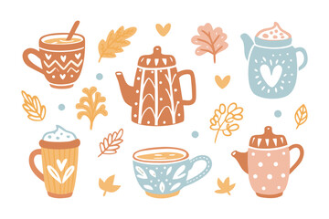 Cozy Collection: A heartwarming illustration of various teacups, teapots and fall leaves perfect for autumn and cozy atmosphere. 