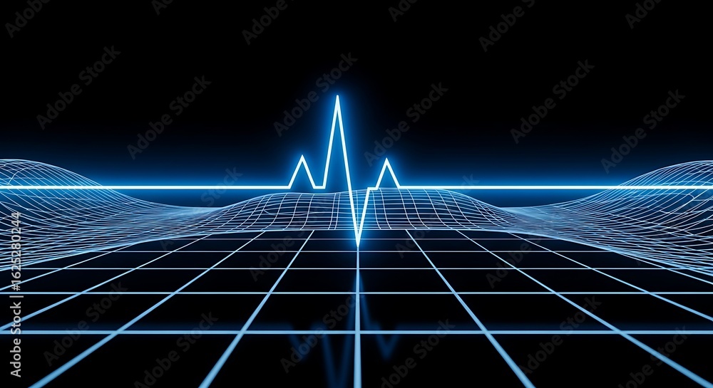 Poster abstract digital waveform landscape with neon light and grid background