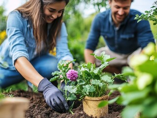Photo of a couple planting flowers together in their backyard garden