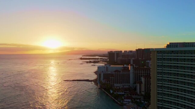 Aerial sunset view of Waikiki Beach and Skyline, Oahu, Hawaii