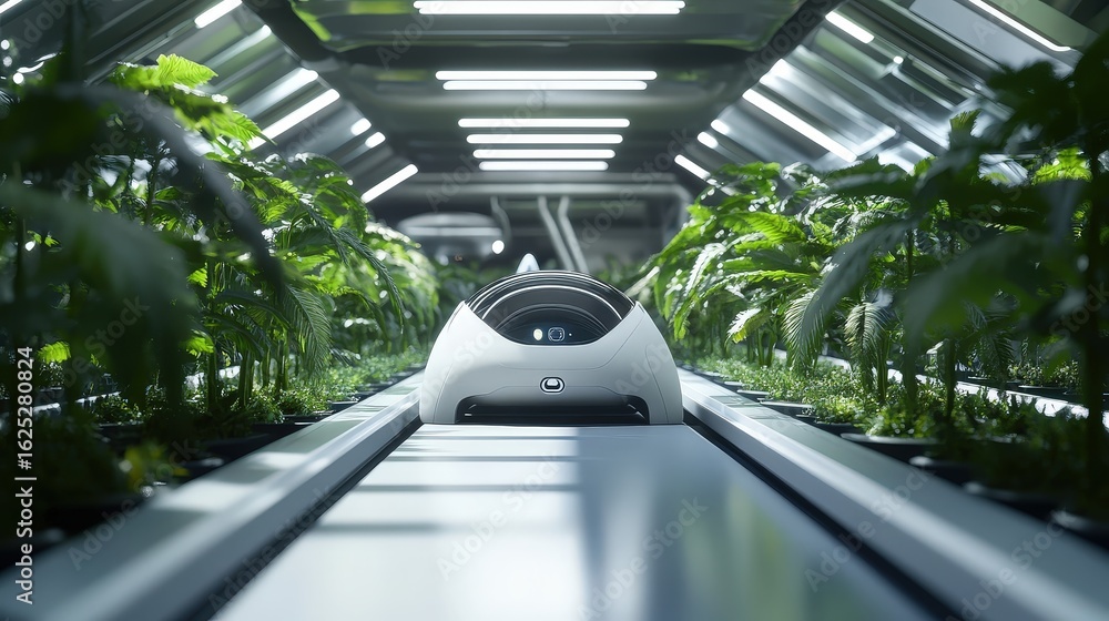 Poster sleek futuristic greenhouse with ai powered robot in action