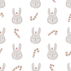 holiday Seamless pattern with cartoon bunny, decor elements. flat style. hand drawing. Baby design for fabric, textile, print, wrapper.