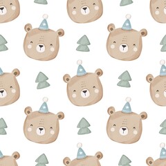 holiday Seamless pattern with cartoon bear, decor elements. flat style. hand drawing. Baby design for fabric, textile, print, wrapper.