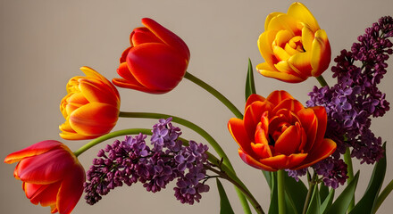Naklejka premium Vibrant Tulips and Lilacs Spring Bouquet Blooming Flowers Garden Freshness