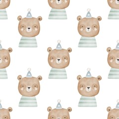 Fototapeta premium holiday Seamless pattern with cartoon bear, decor elements. flat style. hand drawing. Baby design for fabric, textile, print, wrapper.