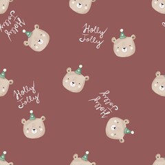 holiday Seamless pattern with cartoon bear, decor elements. flat style. hand drawing. Baby design for fabric, textile, print, wrapper.