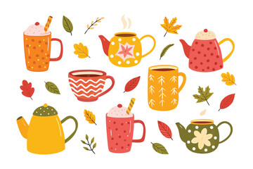 Autumn Warm Drinks and Leaves: A vibrant and inviting illustration showcases a collection of colorful teacups, teapots, and scattered leaves, creating a cozy autumnal atmosphere