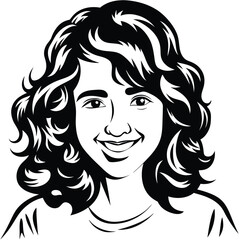 Black and white of a smiling woman with curly hair portrait