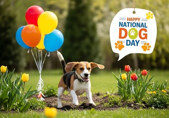Happy National Dog Day Celebration with a Playful Beagle Puppy Surrounded by Colorful Balloons and Spring Tulips in a Garden Setting