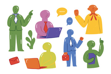 Diverse Professionals in Action: Illustrative representation of various professionals, each in distinct colors, engaged in activities such as pointing, typing, gesturing.