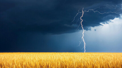 Dramatic Lightning Strike Over Golden Wheat Field Under Dark Stormy Sky