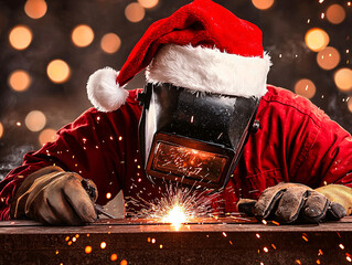 Festive Welder Santa Hat Clad Craftsman Sparks Holiday Cheer with Metalwork