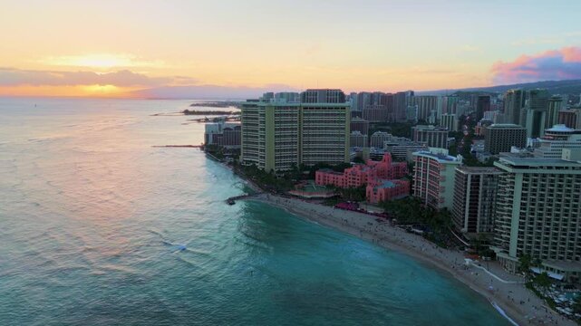 Aerial sunset view of Waikiki Beach and Skyline, Oahu, Hawaii