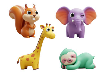 Naklejka premium Photo of a charming collection of cartoon animal figurines including a squirrel, giraffe, elephant, and sloth isolated on transparent background