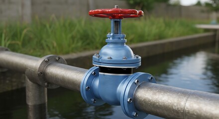 Industrial blue gate valve with red handle on metal pipeline with water and greenery background