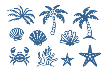 Tropical Paradise Collection: A delightful collection of tropical elements, including palm trees, starfish, seashells, crab and coral, evokes the serene beauty of the beach.