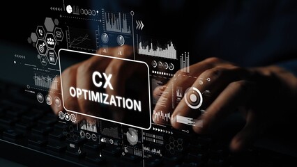 Hands Typing on Keyboard with Digital Data Display for Customer Experience Optimization Concept....