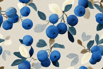 Playful Scandinavian-style blueberry motif simple yet bold shapes muted blues and creams cozy kitchen decor vibe seamless pattern background