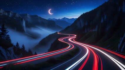 Winding Mountain Road at Night with Light Trails and Stars – Dramatic Cinematic Night Landscape.