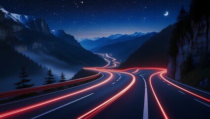Winding Mountain Road at Night with Light Trails and Stars – Dramatic Cinematic Night Landscape.