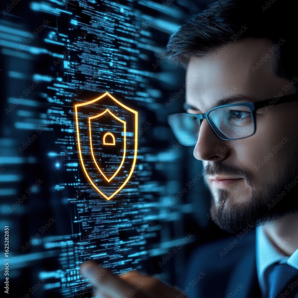 Poster digital sentinel: a focused individual in spectacles examines a digital shield representing security