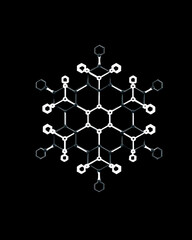 Art Deco style: molecular structure illustration, decorative hexagons with lab aesthetic, cool scientific symmetry