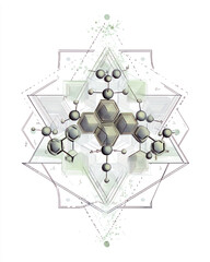 Art Deco style: molecular structure illustration, decorative hexagons with lab aesthetic, cool scientific symmetry