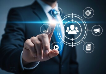 Businessman interacting with a digital interface targeting customer engagement and business growth strategies