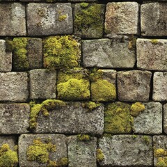 Fototapeta premium Medieval castle seamless texture of aged granite blocks with moss and erosion