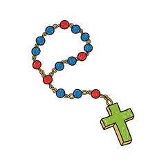 Colorful beaded rosary with cross in illustration style  