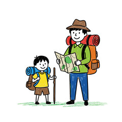 Father and son hiking with backpacks and map in outdoor setting  