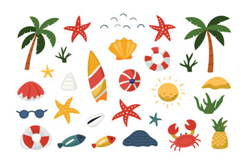 Summer Fun: A collection of illustrated beach elements, radiating joy, representing vacation, tropical vibe, travel and sun.