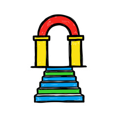 Colorful archway staircase with blue, green, yellow, and red accents  