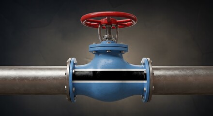 Close up of a blue industrial gate valve with a red wheel attached to a metal pipe