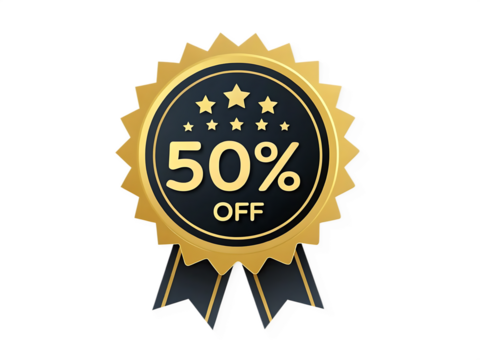 Golden sunburst badge with 50 percent off text and ribbon isolated on a transparent background award
