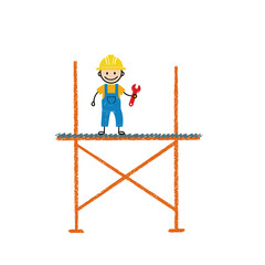 Cartoon construction worker standing on scaffolding with wrench  