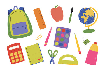 School Supplies: An organized assortment of vibrant school supplies arranged on a clean backdrop, encompassing various essential items used for education, creativity, and learning.
