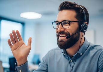 Friendly bearded man with glasses and headset waves hello while working in a modern office environment