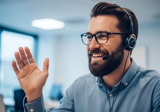 Friendly bearded man with glasses and headset waves hello while working in a modern office environment