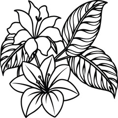 Tropical floral line art seamless, tropical flowers and leaves