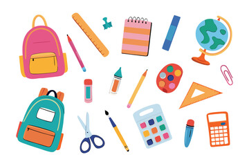 School Supplies Illustration: A vibrant array of essential school supplies arranged in a playful, eye-catching composition, perfect for educational materials.