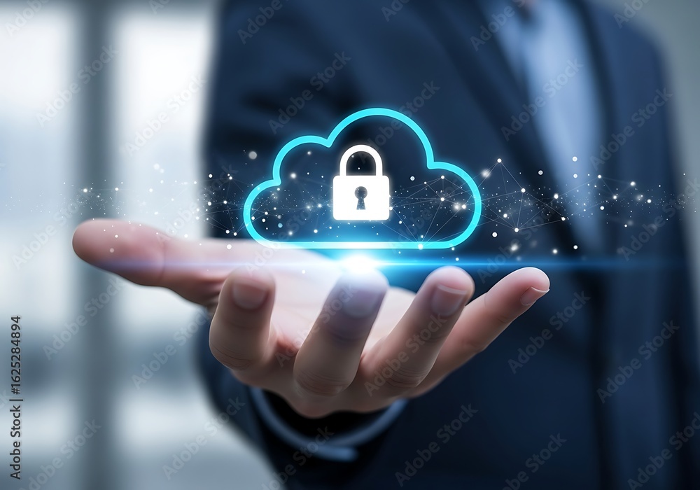 Poster secure cloud computing concept businessman s hand displays illuminated cloud icon with padlock symbo