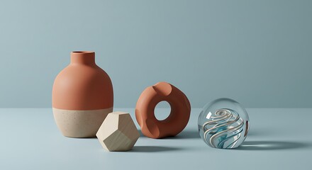 Artistic Still Life Terracotta Vase, Geometric Sculpture, Glass Orb